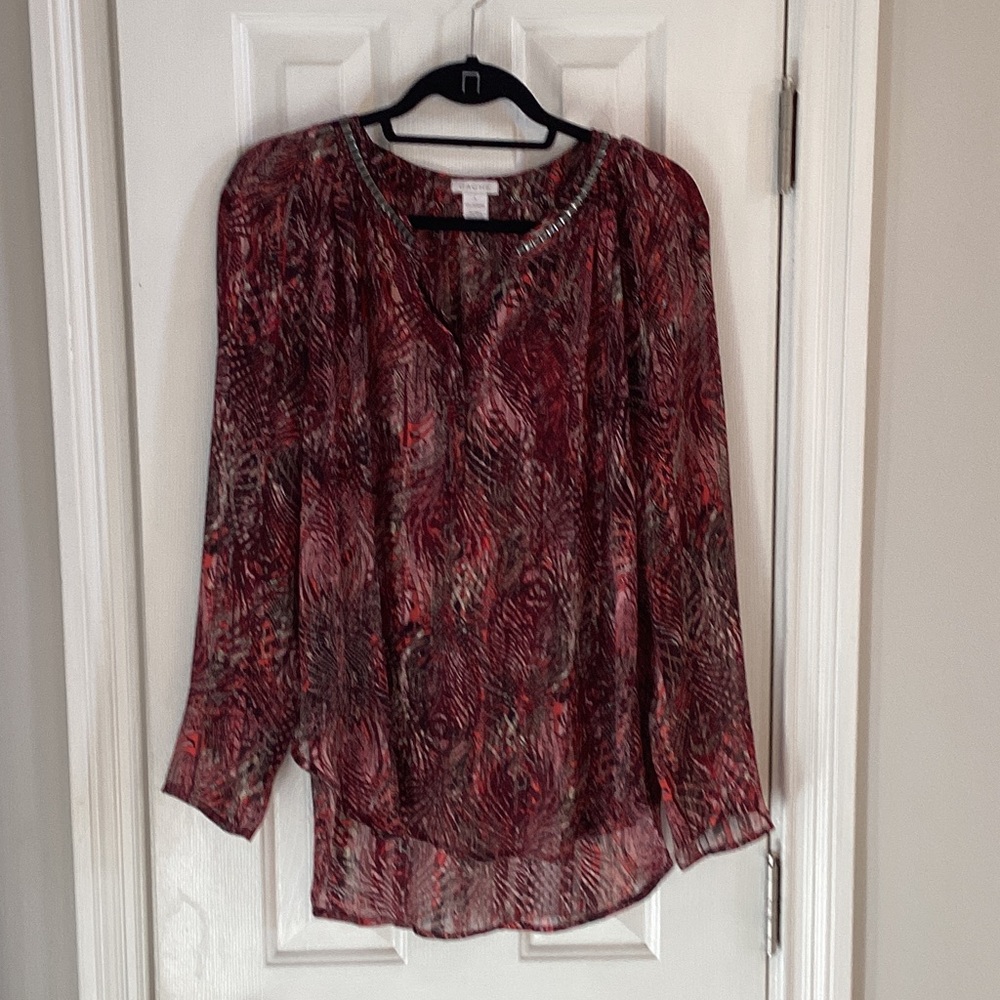 Cache Multicolor Semi-Sheer Boho Top w/ Silver Studs Around Neckline